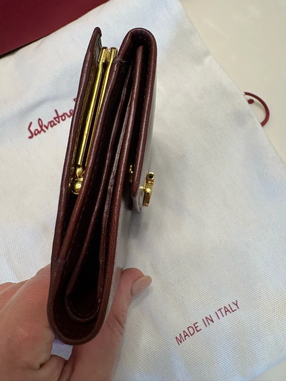 Salvatore Ferragamo Burgundy Leather Wallet Gold Hardware Luxury